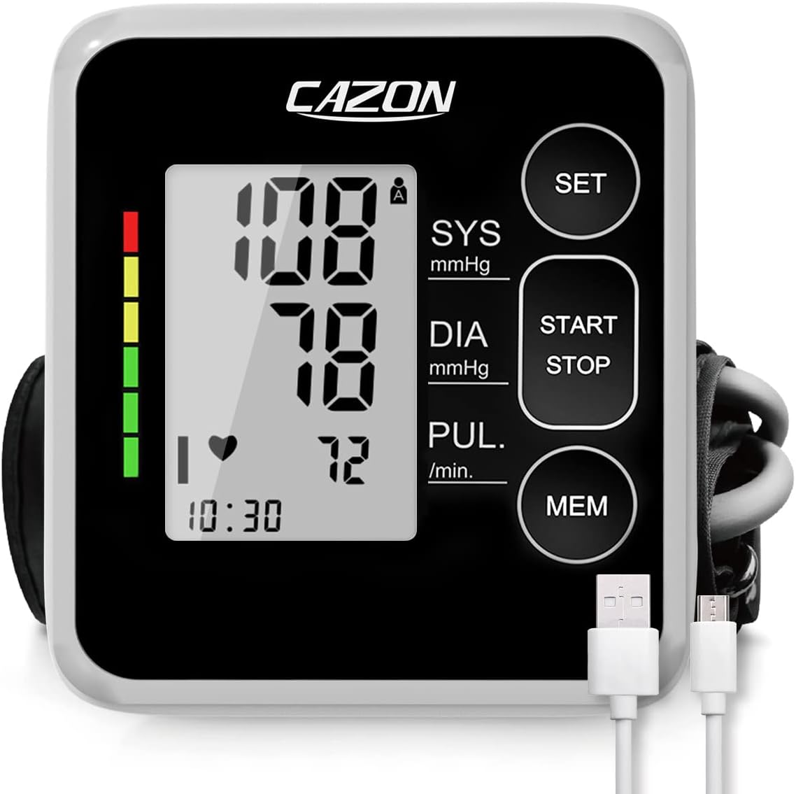 CAZON Tensiómetro de Brazo,Monitor de presión para uso doméstico arterial Máquina de presiónarterial de brazo Detector electrónico de frecuencia cardíaca con brazalete 22-40cm, 2X120 memoria(Negro)