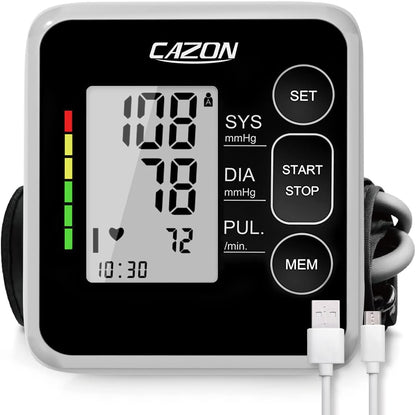 CAZON Tensiómetro de Brazo,Monitor de presión para uso doméstico arterial Máquina de presiónarterial de brazo Detector electrónico de frecuencia cardíaca con brazalete 22-40cm, 2X120 memoria(Negro)