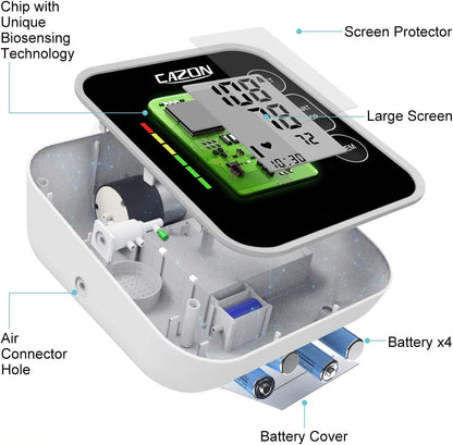 CAZON Blood Pressure Monitor Cuff Upper Arm Blood Pressure Machine Home Use BP Device Automatic Heart Pulse Rate Monitoring Meter with Cuff 22-40cm, 2×120 Sets Memory (Black)