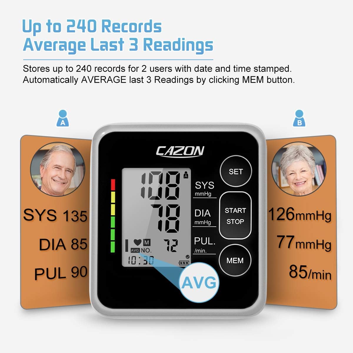 CAZON Blood Pressure Monitor Cuff Upper Arm Blood Pressure Machine Home Use BP Device Automatic Heart Pulse Rate Monitoring Meter with Cuff 22-40cm, 2×120 Sets Memory (Black)