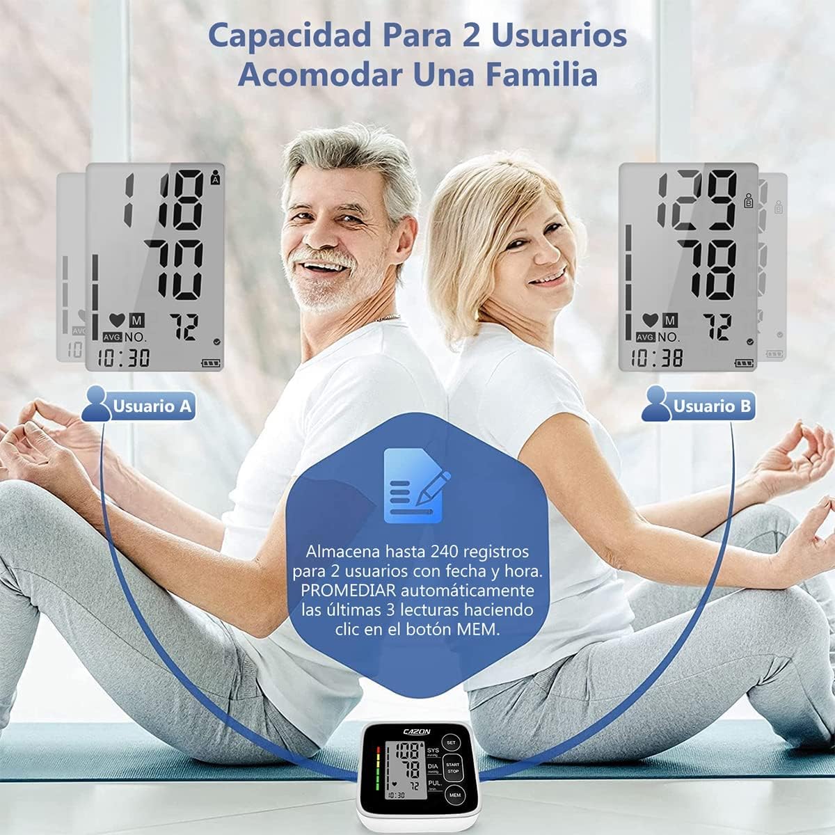 CAZON Tensiómetro de Brazo,Monitor de presión para uso doméstico arterial Máquina de presiónarterial de brazo Detector electrónico de frecuencia cardíaca con brazalete 22-40cm, 2X120 memoria(Negro)