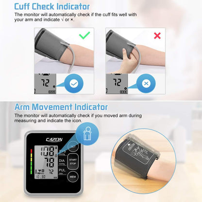 CAZON Blood Pressure Monitor Cuff Upper Arm Blood Pressure Machine Home Use BP Device Automatic Heart Pulse Rate Monitoring Meter with Cuff 22-40cm, 2×120 Sets Memory (Black)