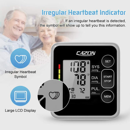 CAZON Blood Pressure Monitor Cuff Upper Arm Blood Pressure Machine Home Use BP Device Automatic Heart Pulse Rate Monitoring Meter with Cuff 22-40cm, 2×120 Sets Memory (Black)