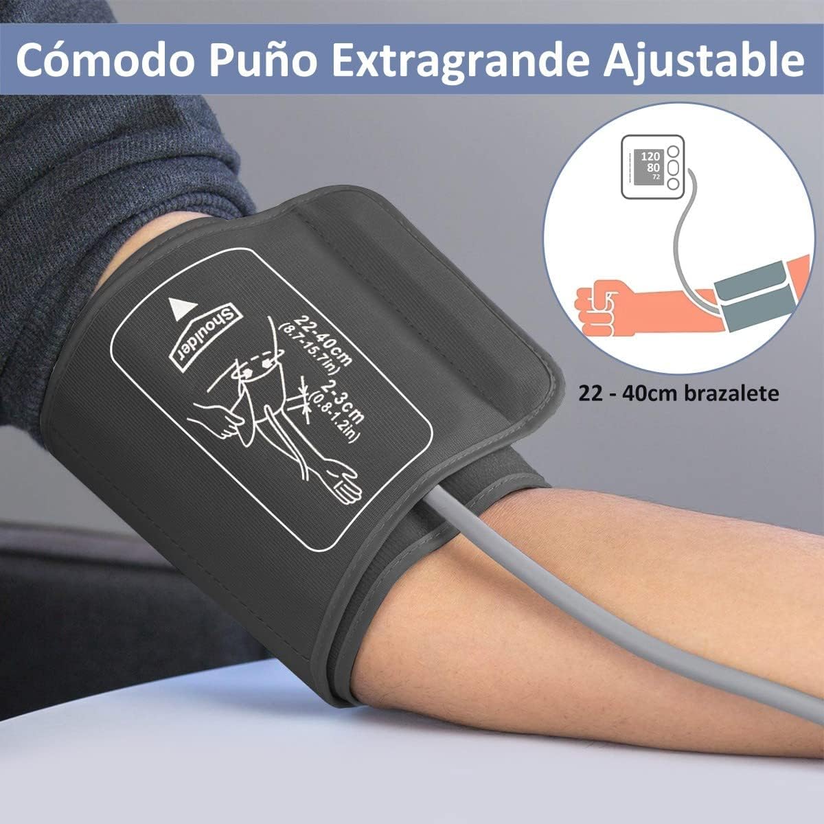 CAZON Tensiómetro de Brazo,Monitor de presión para uso doméstico arterial Máquina de presiónarterial de brazo Detector electrónico de frecuencia cardíaca con brazalete 22-40cm, 2X120 memoria(Negro)