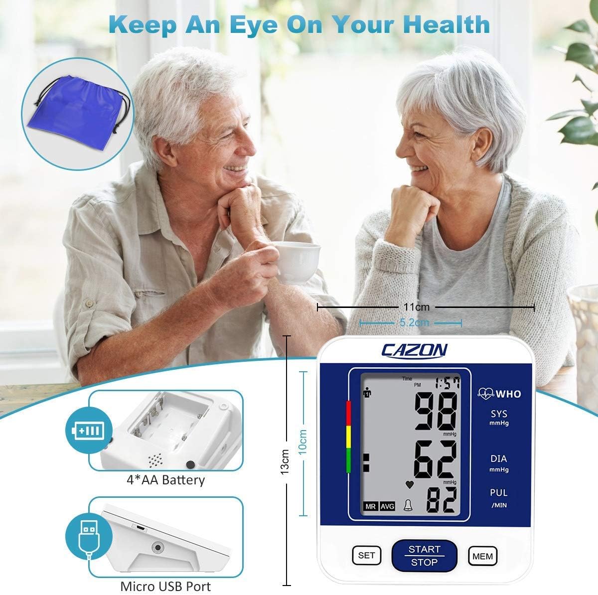 CAZON Blood Pressure Monitors Large Cuff Blood Pressure Machine BP Monitor Upper Arm BP Cuff for Home Use Heart Rate Hypertension Monitor, Cuff 22-40cm LCD Display (Blue)