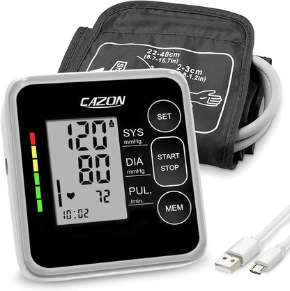 CAZON Blood Pressure Monitor Cuff Upper Arm Blood Pressure Machine Home Use BP Device Automatic Heart Pulse Rate Monitoring Meter with Cuff 22-40cm, 2×120 Sets Memory (Black)