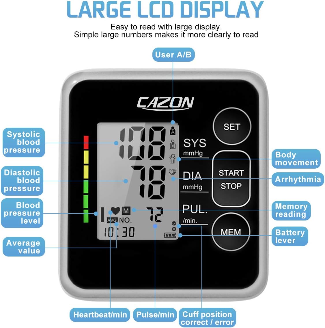 CAZON Blood Pressure Monitor Cuff Upper Arm Blood Pressure Machine Home Use BP Device Automatic Heart Pulse Rate Monitoring Meter with Cuff 22-40cm, 2×120 Sets Memory (Black)