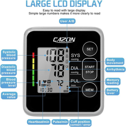 CAZON Blood Pressure Monitor Cuff Upper Arm Blood Pressure Machine Home Use BP Device Automatic Heart Pulse Rate Monitoring Meter with Cuff 22-40cm, 2×120 Sets Memory (Black)